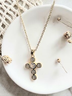 Gold Cross Necklace with Clear Stone Accents - Women's Jewelry
